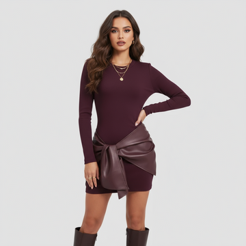 Narelle | Fitted Mini-Jurk met Vegan Leather Drape Detail