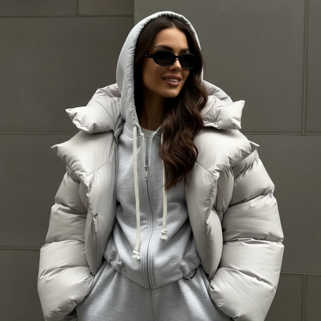 kobieta w czarnej pikowanej kurtce, białym topie i niebieskich spodniach dresowych