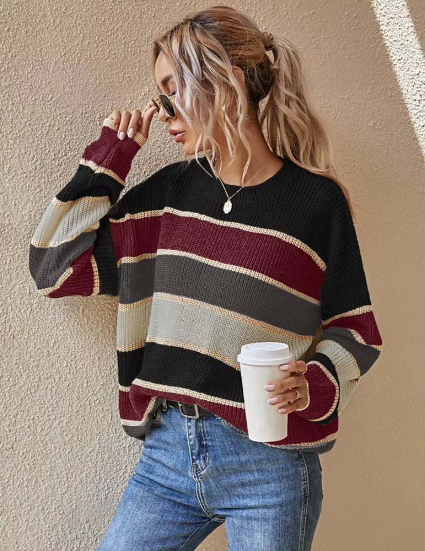 Sweter Serenelle z kolorowymi paskami – czarno-bordowy