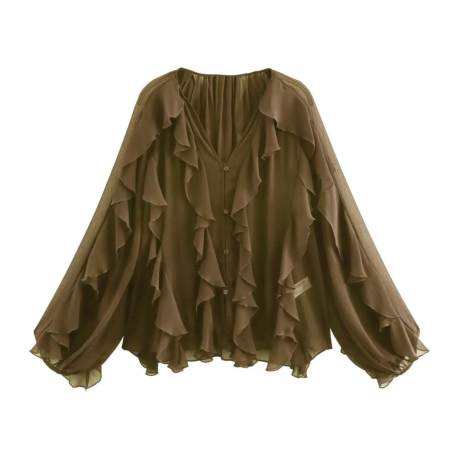 Riva Ruffle Blouse – oliwkowa / olijfgroen – luźny, zwiewny krój