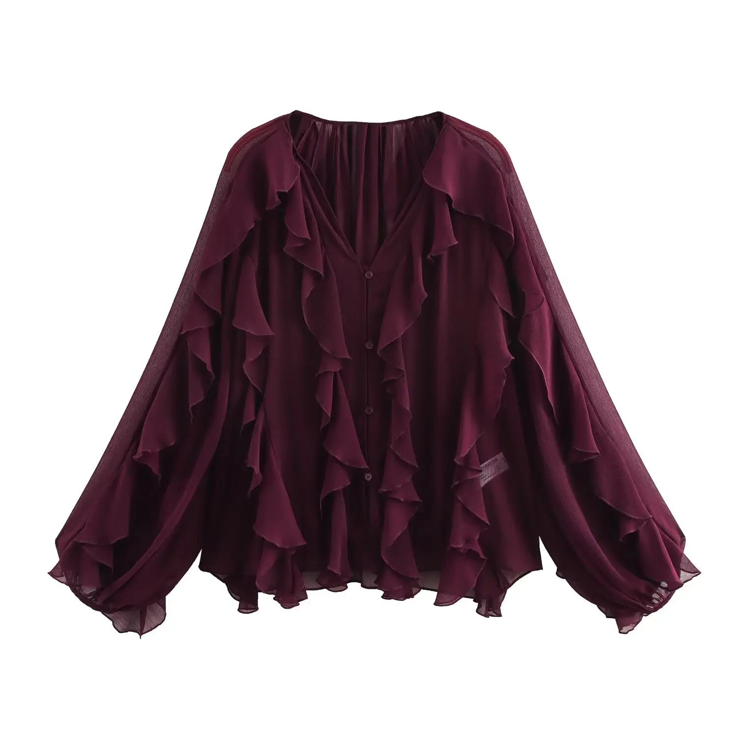 Riva Ruffle Blouse – burgundowa / bordeaux – kobieca stylizacja z falbanami